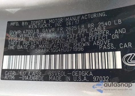 2017 Lexus Es 350 from USA, damaged, VIN 58ABK1GG4HU071996